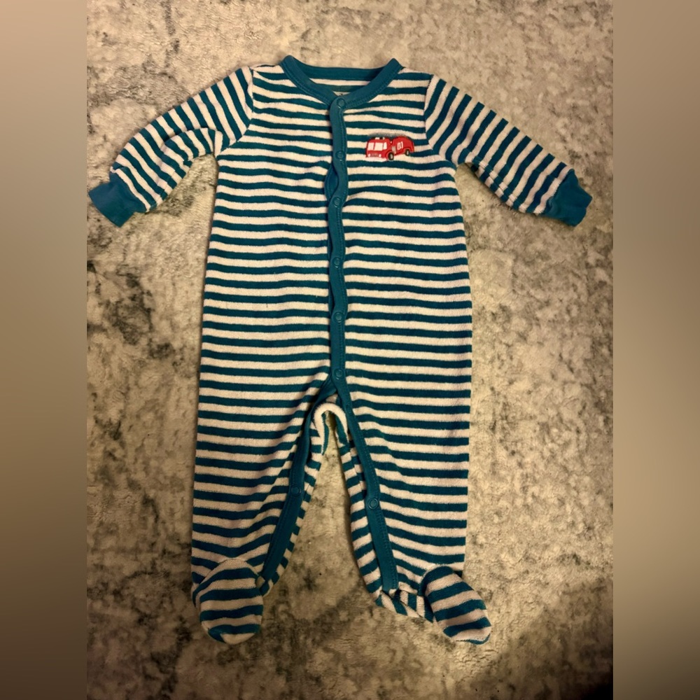 boys Carter’s long sleeve fire truck button up with blue stripes - size 3 months